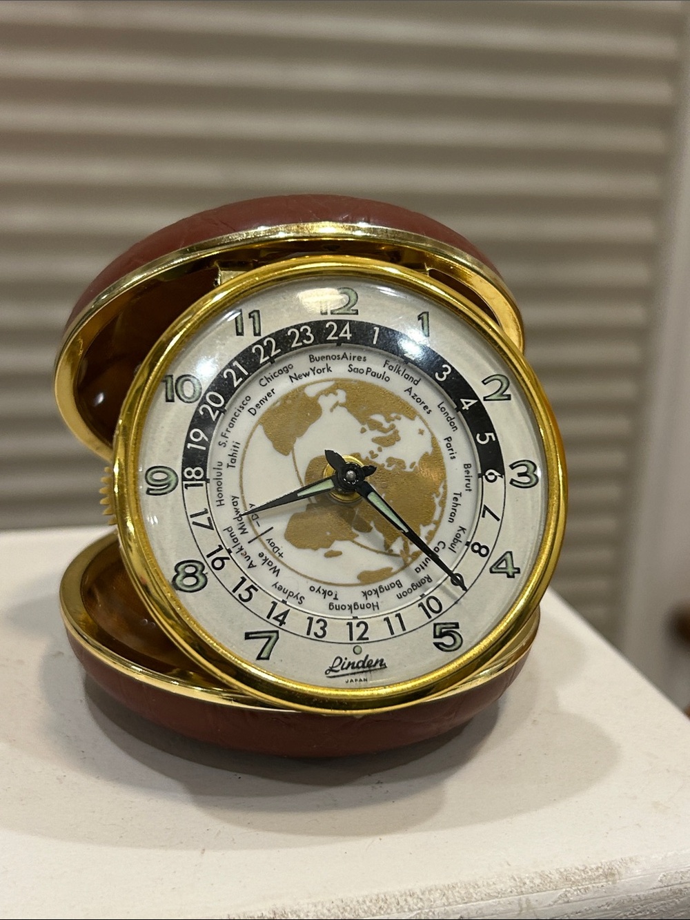 Vintage 70’s Linden Travel Alarm Clock/ World Map Time Zones Wind Up- Working